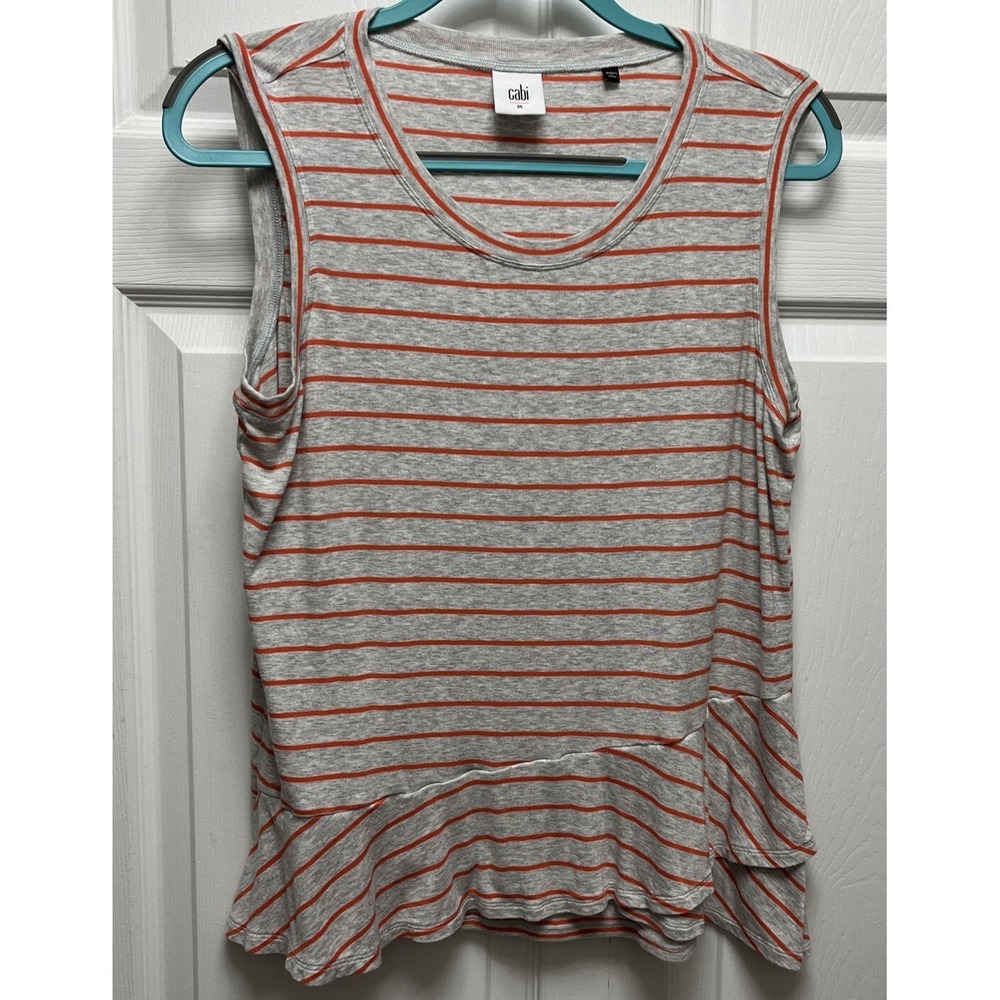 CABI Modern 5331 Gray Orange Striped Ruffle Peplum Tank Top Size Medium